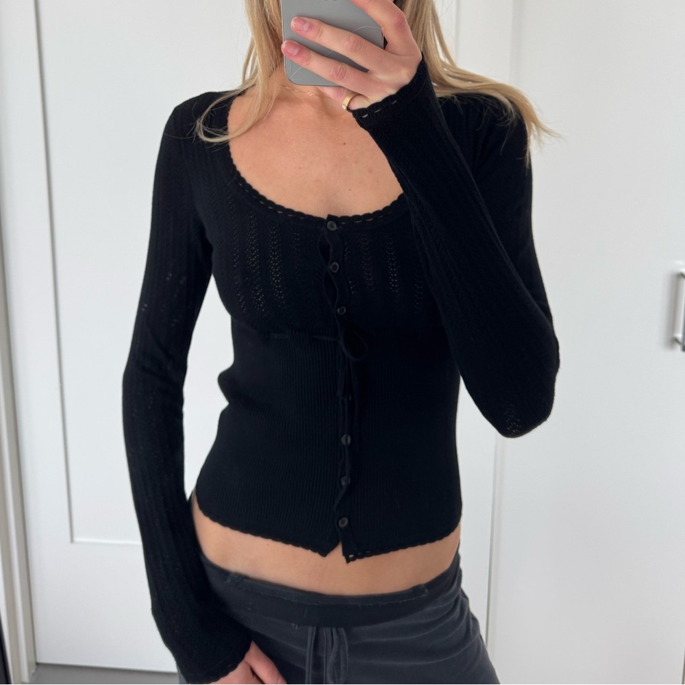 Wilfred (Aritzia) -  Button-Down Long Sleeve Black Top with Tie
